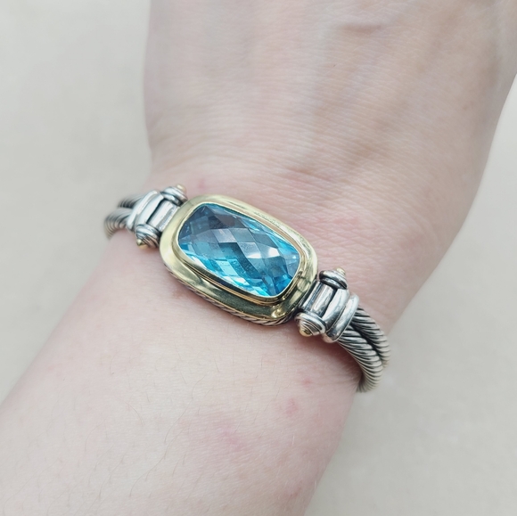 David Yurman Albion Elongated Double Cable Bracelet With Blue Topaz And Gold - Picture 10 of 13